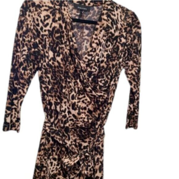 Jones Studio Leopard Animal Print Cheetah 3/4 Sleeve Midi Wrap Dress Size Small - Picture 5 of 10